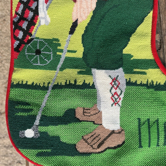 Needlepoint Liz Goodrick Dillon Christmas Stocking Santa Golfer "MARK" COMPLETED - Picture 6 of 13